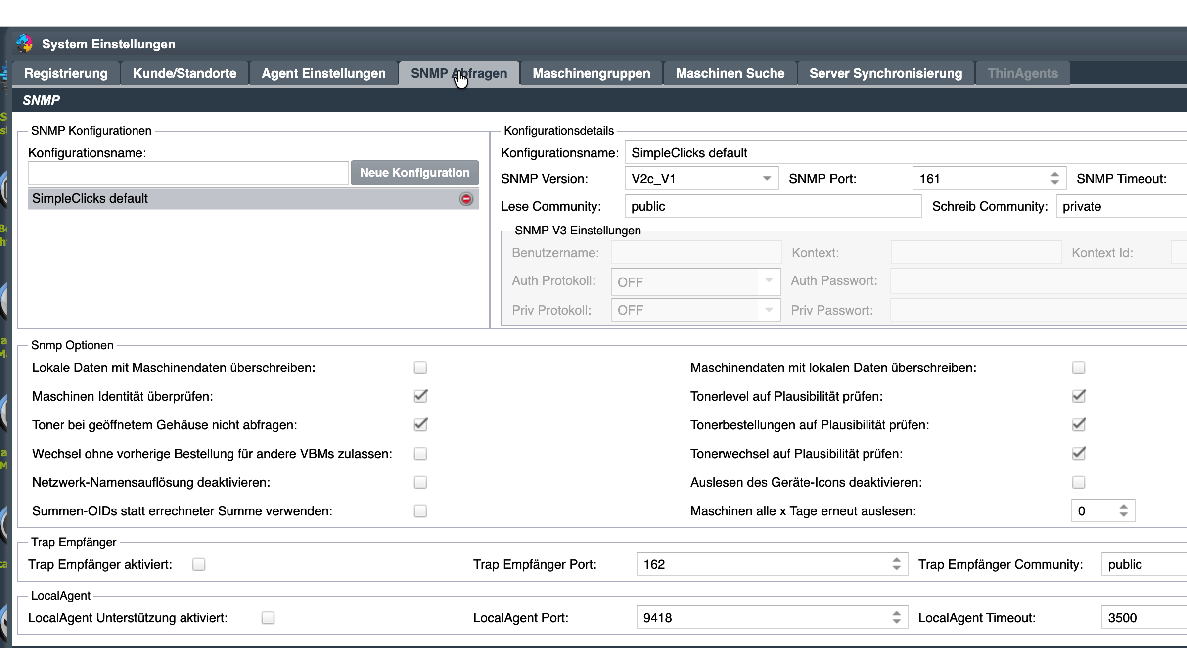 Systemeinstellungen — SNMP Abfragen